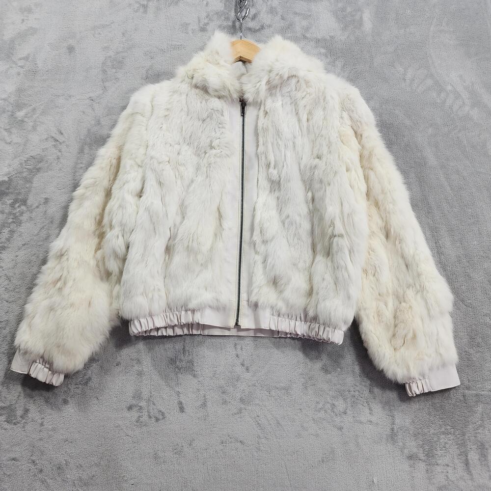 Vintage Paris Blues Jacket Womens XL White Rabbit Fur Lined Bomber Hooded Zip